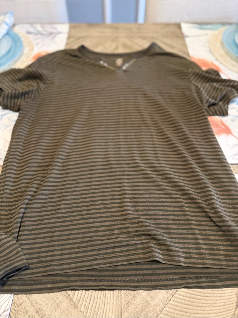 INC Striped V-Neck Short Sleeve Tee — Olive